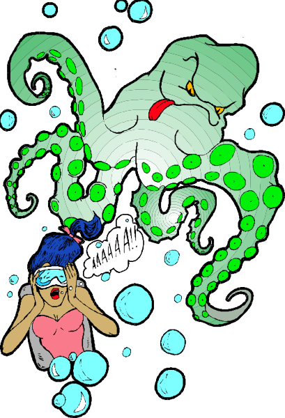 The illustration depicts a cartoon octopus with an expressive face surrounded by bubbles that resemble water, floating above two characters: one is wearing goggles and appears to be swimming upwards while holding onto something unseen; another character has their hands over ears in shock or surprise.