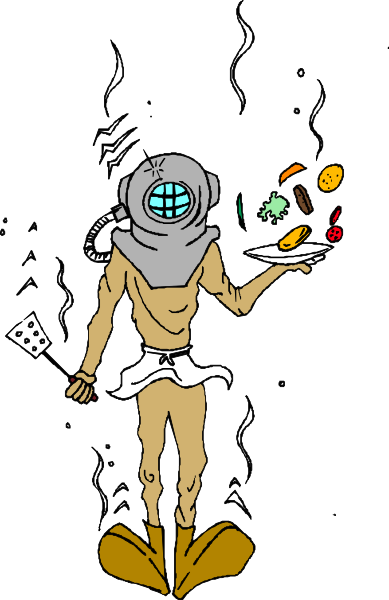 The image shows a cartoon of an astronaut holding various food items on trays while standing next to what appears to be a spacecraft with windows in black-and-white coloring book pages.