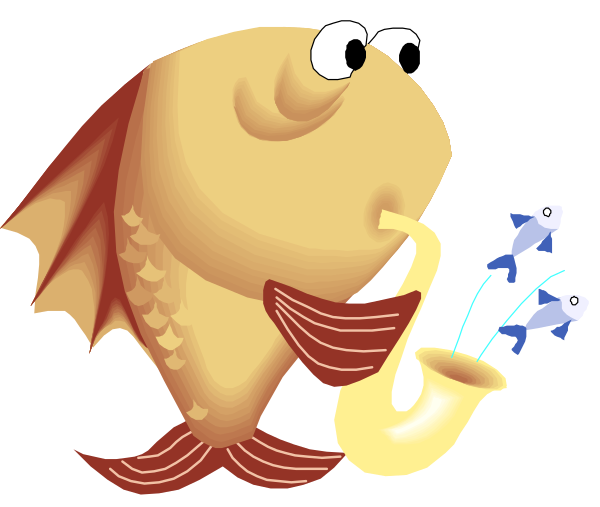 The illustration features a cartoon fish with an accordion playing music while surrounded by three smaller fishes swimming around it in what appears to be water.