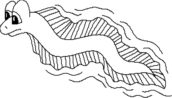 The black and white illustration shows a stylized fish with fins swimming upwards on its body against an abstract background that resembles water waves.