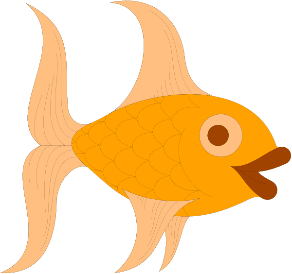 The illustration shows a cartoon depiction of an orange fish with white fins swimming upwards towards its tail fin against a black background.