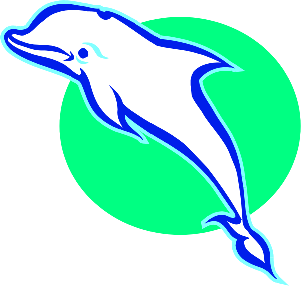The image shows two dolphins swimming next to each other with a green background featuring an oval shape on either side of them.