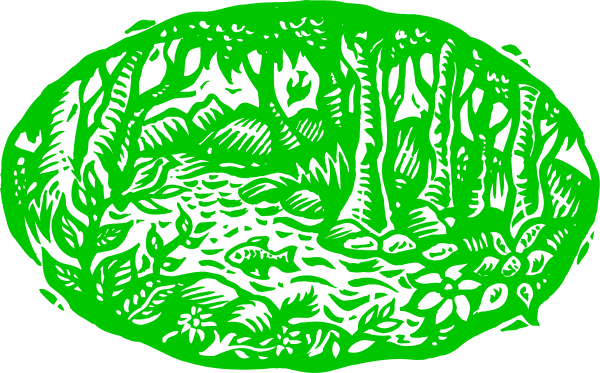 The image shows a green oval with an intricate pattern of trees inside it on top half against white background; bottom half is black without any visible content.