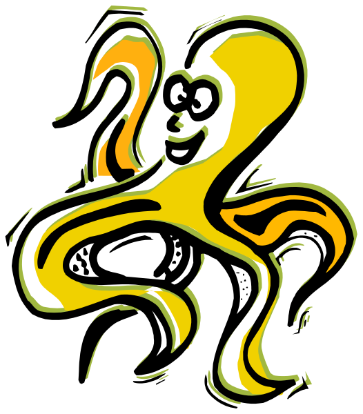 The image shows a cartoon of an abstract figure with exaggerated features such as large eyes, ears, nose, mouth, arms, legs, hands, feet, fingers, toes, hair, eyebrows, eyelashes, and clothing that resembles flames or fireworks in various colors like yellow, orange, red, green. The character appears to be smiling broadly with its tongue sticking out slightly as if it's happy or excited.