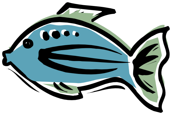 The image shows a stylized graphic of an open book with pages that feature illustrations of fish on their spines; one page displays two blue-green fish facing each other while another depicts three orange fish in various positions, and there is text atop which reads "FISH."