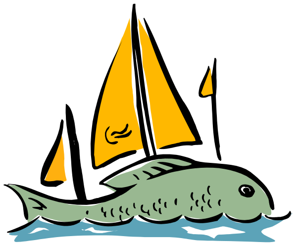 The illustration shows a sailboat on water with two sails; there is also an animated fish swimming near it.