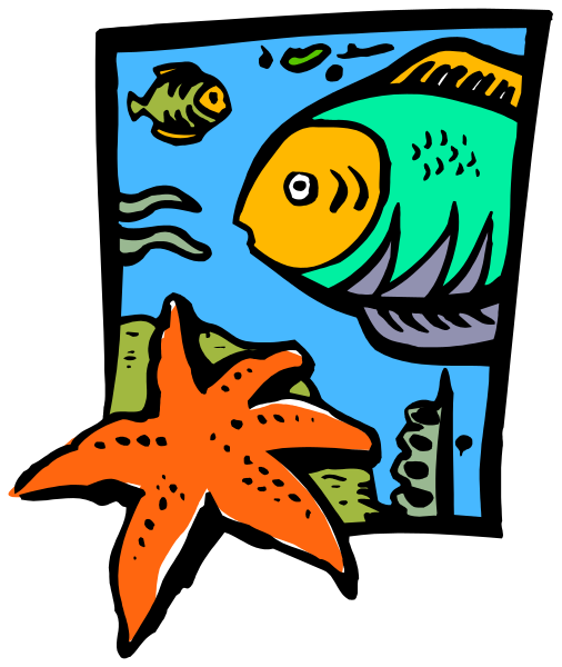 The image shows a colorful cartoon of an underwater scene with two fish swimming near each other above coral reefs; one is larger than the other. Below them floats a starfish to their left, and there's another smaller fish on its right side. In front of this marine life are orange sea stars attached together by suction cups at both ends. The background features blue water with bubbles rising upwards towards an open window or door frame that suggests the viewer is looking out from underwater to a surface world, where we can see trees and mountains in sil