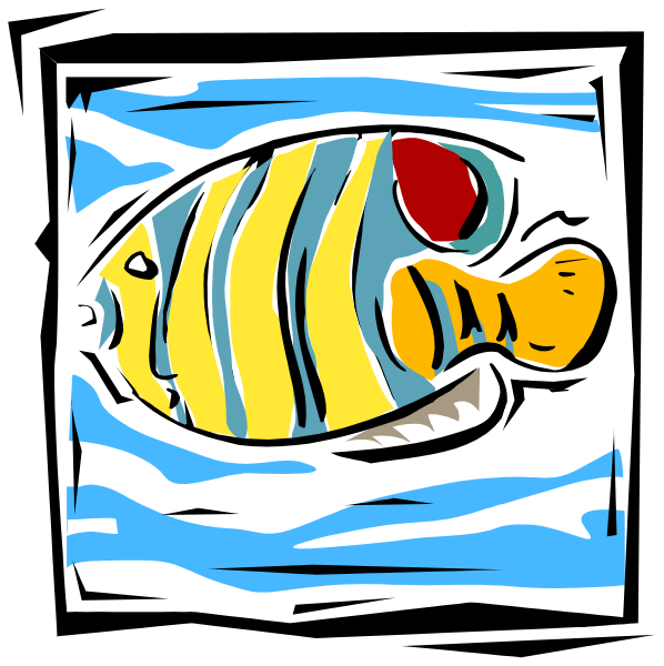 The image shows a cartoon depiction of an anglerfish with its light lure extended from its forehead inside what appears to be a blue fish tank.