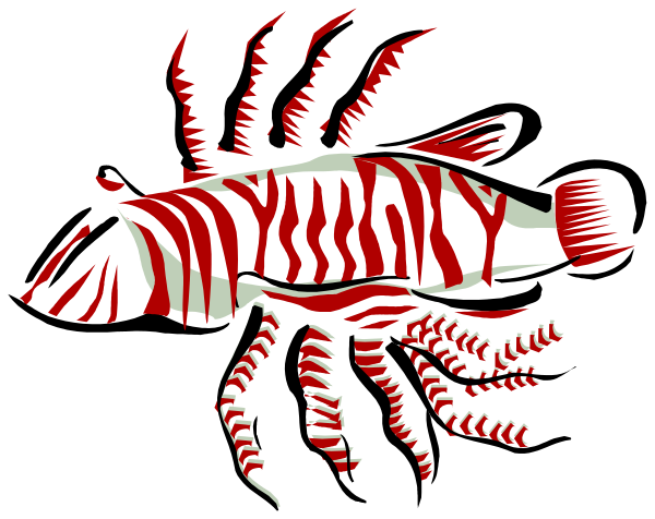 The image shows a stylized red fish with white stripes on its body against a black background.