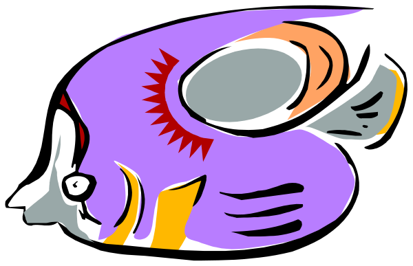 The image shows a cartoon fish with an orange stripe on its body swimming underwater near what appears to be coral reefs in shades of purple and blue.