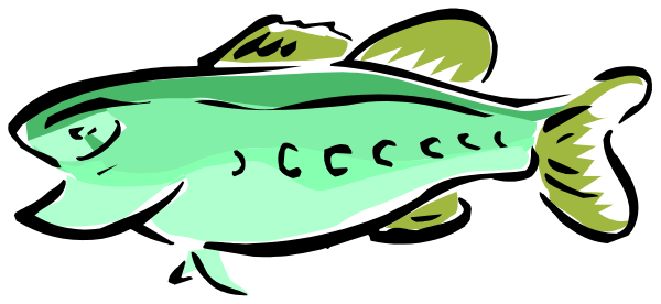 The image shows a cartoon fish with an open mouth swimming underwater next to what appears to be a plant.
