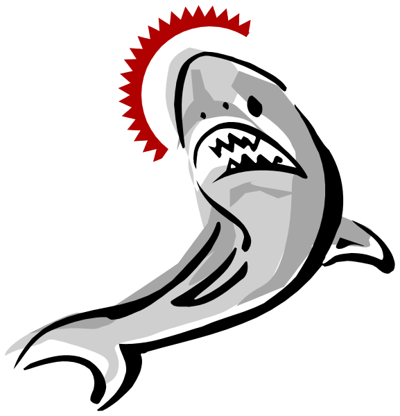 The first picture shows a shark with an open mouth displaying its teeth against a black background; it is facing left towards another image that features two identical sharks swimming side by side in opposite directions within what appears to be water, also set on a dark backdrop.