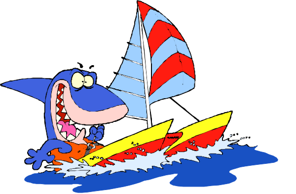 The cartoon depicts a shark riding on top of surfboards with sailboats around it while swimming through water under an overcast sky.