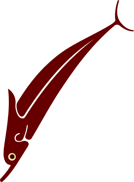 The image shows a red fish with an eye on it against a black background.