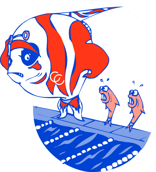The illustration shows a cartoon of three fish with human features standing on what appears to be an underwater platform; two smaller ones flanking one larger central character who is wearing red goggles over its eyes and has white fins, suggesting movement through water.