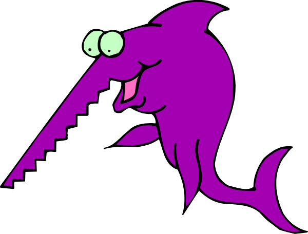 The image shows a cartoon of an animated purple shark with large eyes wearing glasses that is smiling while swimming upwards in water against a black background.