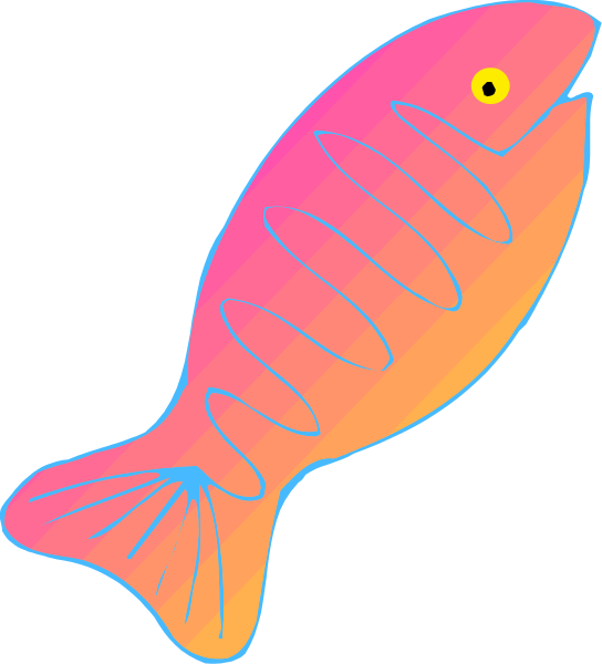 The image shows a stylized fish with pink fins against an orange background on what appears to be a computer screen displaying pixelation effects around it.