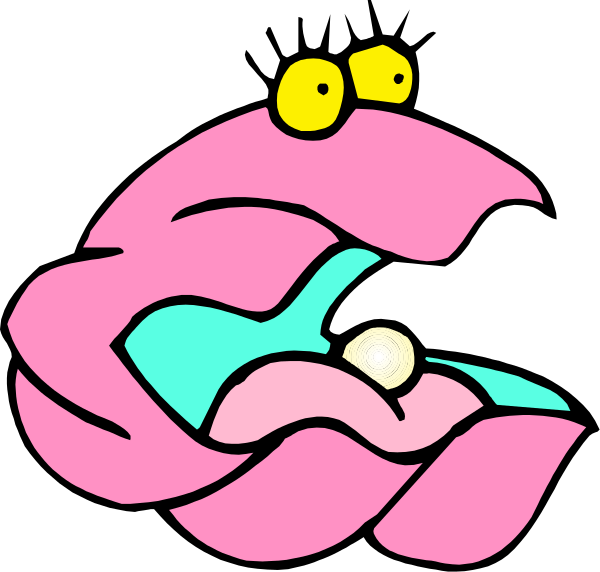The image shows a cartoon lobster with an open mouth revealing its teeth, holding what appears to be a pearl in one claw while another is closed around it; there's also a smaller pink crab on top of the larger one that looks surprised or shocked by this action.
