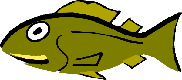 The image shows a cartoon fish with an exaggerated smile swimming underwater next to what appears to be coral reefs in shades of green and brown.