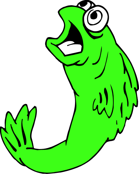 The image shows a cartoon fish with an exaggerated expression of surprise or shock against a black background.