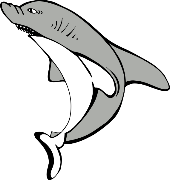 The black and white illustration shows a cartoon shark with its mouth open as if it's speaking, positioned in front of an American flag background.