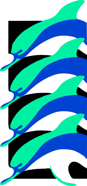 The image shows a row of blue dolphins swimming together against a black background with white stripes on either side.