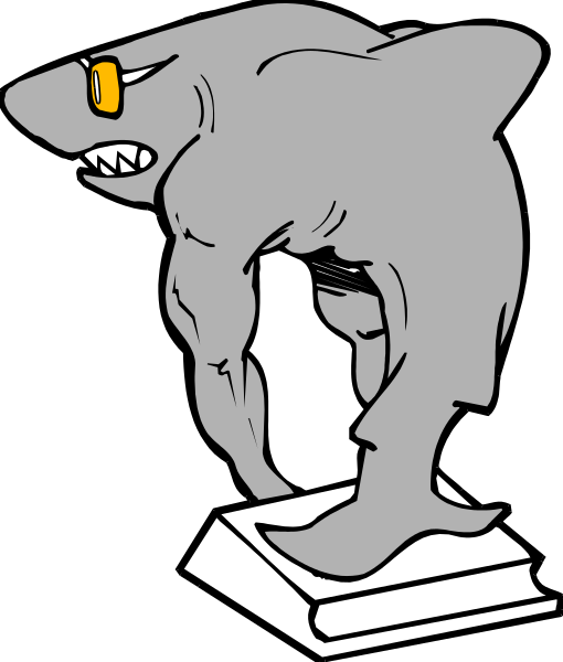 The black and white illustration features a shark statue with an exaggerated muscular human body shape on top of it.