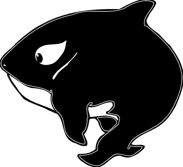 The black and white silhouette of a shark with an open mouth is shown against a dark background.