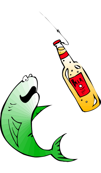 The image shows a cartoon of an animated fish holding up two bottles with labels that say "beer" on them while standing in front of another bottle labeled as liquor.