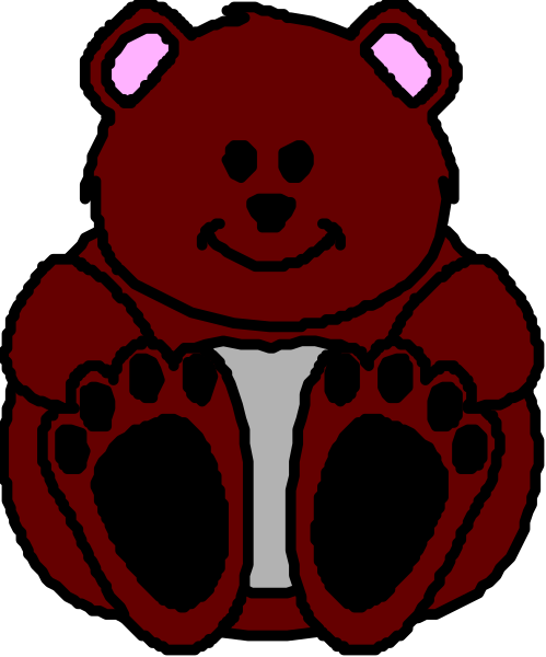 The image shows a cartoon of an oversized teddy bear sitting on its hind legs with paws raised to chest level as if hugging itself; it has large eyes that appear surprised or happy, and is wearing what looks like a white bib around neck area.