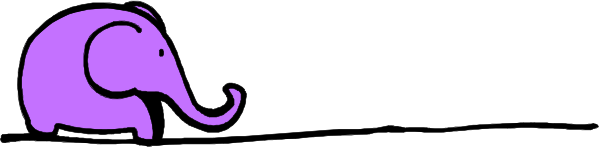 The image shows a purple elephant walking on its hind legs with two front feet raised as if it's running across an unseen surface in what appears to be a dark room against a white background.