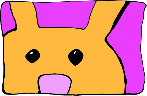 The image shows a cartoon of an orange Pokémon character with black eyes inside what appears to be a purple room.