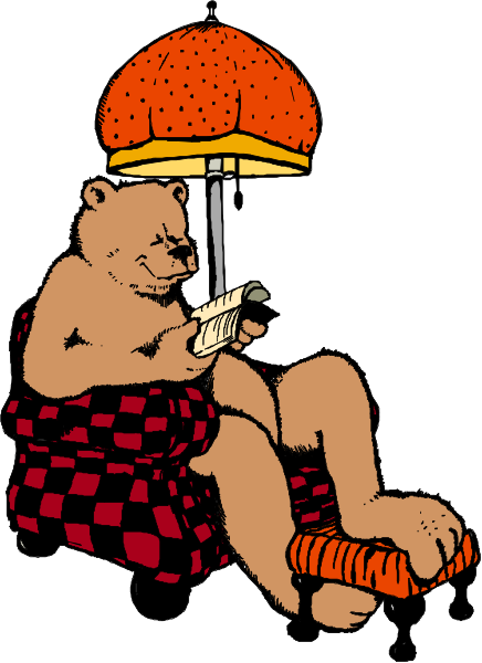 The cartoon depicts a bear sitting on an armchair with its feet up while reading a book under a lamp that has a strawberry shade.