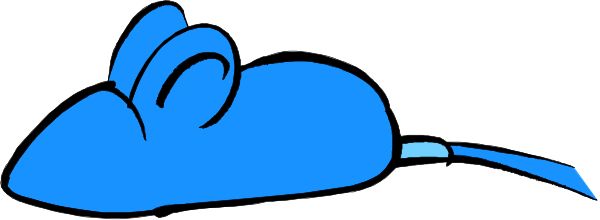 The image shows a blue cartoon mouse lying on its back with legs upwards as if it's sleeping or resting in an unspecified indoor environment.