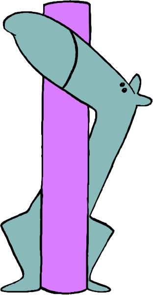 The illustration shows a cartoon of an animal standing on its hind legs with arms outstretched as if it's holding onto two poles that resemble gymnastic bars; one pole is purple, and both have black stripes at their ends.