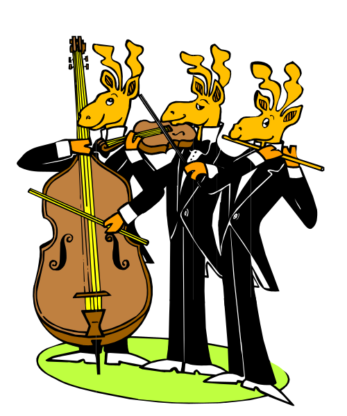 The illustration depicts three cartoon deer playing stringed instruments: a cello on the left with its bow held in front of it; an upright bass to the right also holding a bow; both animals have antlers and appear to be dressed as musicians, wearing ties and tuxedo jackets.