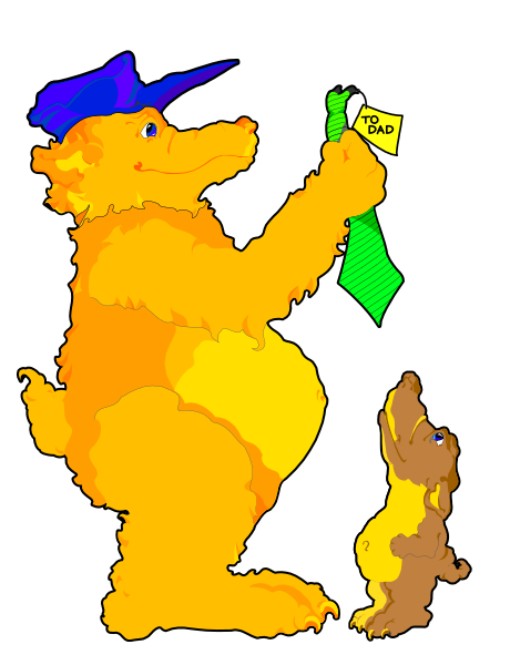 The image shows a cartoon of two bears: an adult bear holding up what appears to be a sign with "BABY" written on it while standing next to another smaller brown bear that is looking at something off-camera, and there's also a small dog sitting in front of the larger one.