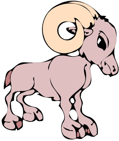 The image shows a cartoon depiction of an animal that resembles a goat with large horns on its head standing upright in front of what appears to be a circular emblem featuring two crossed rams' heads, one above and another below each other; both animals are facing the same direction.