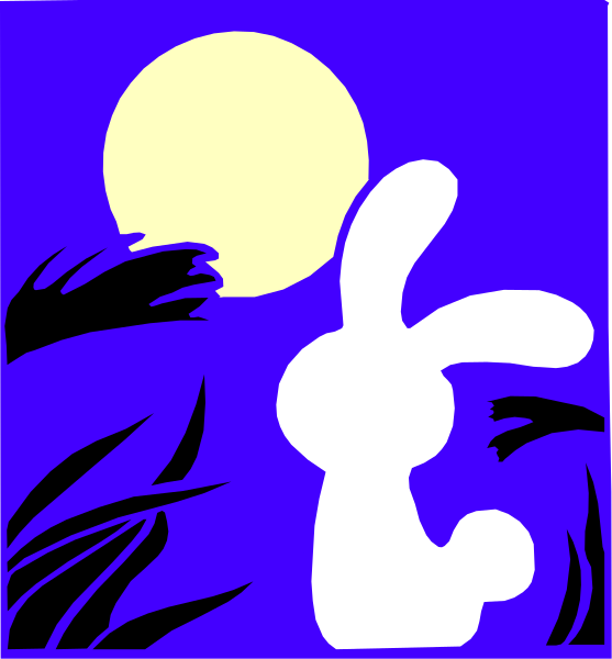 The image features a cartoon rabbit standing on grass with silhouettes of trees behind it at nighttime under a full moon; there is no text present in this clip-art piece.