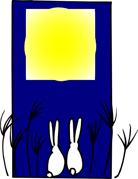 The picture shows a cartoon of two rabbits standing outside at night under an illuminated yellow moon with silhouettes in front of it against a dark blue sky background; there is no text present on this image.