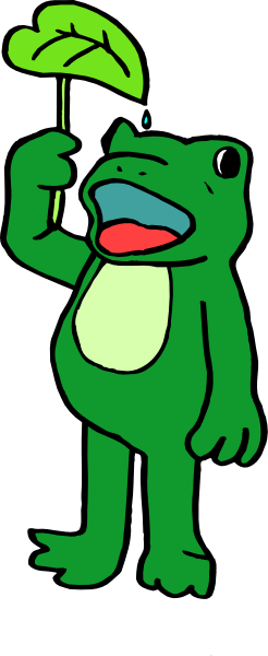 The image shows a cartoon frog holding up its hand with an open mouth as if it's speaking to someone off-camera.