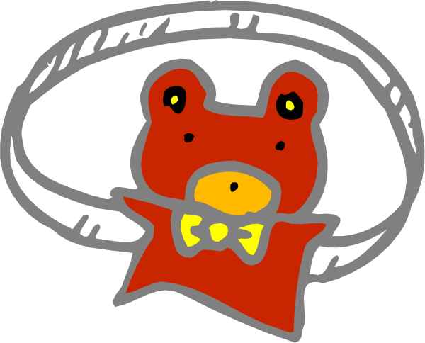 The image shows a cartoon of two red teddy bears with black eyes; on top is an adult bear wearing glasses and holding what appears to be a microphone in its right paw while sitting inside a large, white oval that resembles a speech bubble or thought balloon.