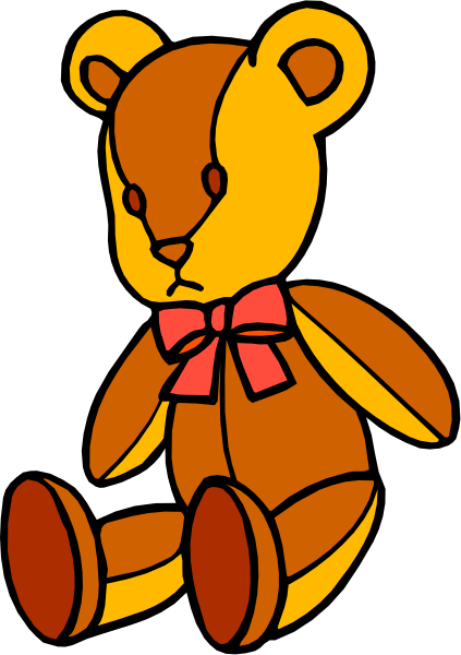 The image shows a cartoon teddy bear with an orange bow around its neck sitting on what appears to be black fabric against a white background.