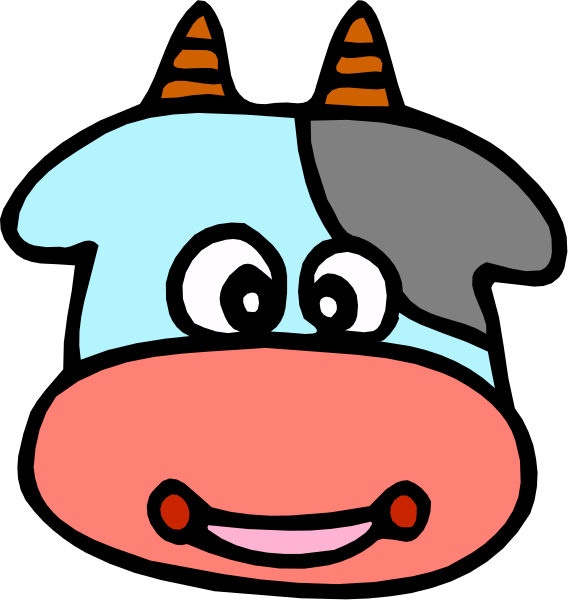 The image shows a cartoon of an anthropomorphic cow with big eyes wearing glasses, smiling broadly at something off-camera to its left side.