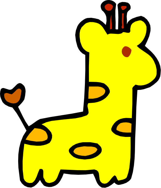 The image shows a cartoon of an orange giraffe with spots standing next to what appears to be a yellow cheetah in front of black background.