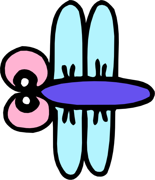 The image shows a stylized illustration of two blue dragonflies with pink accents on their wings against a black background; one is larger than the other, both facing leftwards in flight.