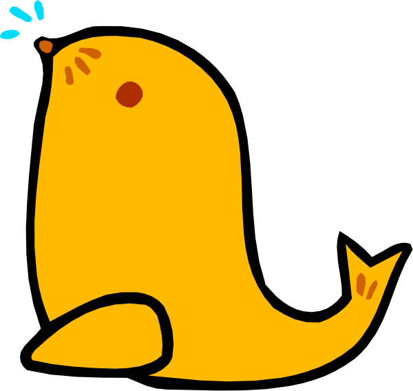 The image shows a cartoon of an orange whale with two fins on its back sitting next to what appears to be another animal that looks like it could possibly be some kind of bird due to having wings but without any visible features, making identification difficult.