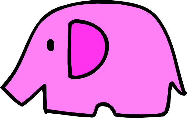 The image shows a pink elephant with big ears standing on its hind legs against a black background.