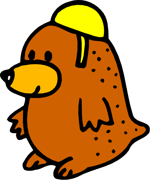 The cartoon depicts a brown animal with spots wearing an orange helmet sitting on its hind legs while looking to the side.