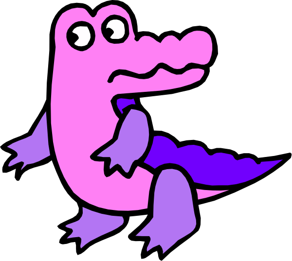 The image shows a cartoon alligator with purple skin standing on two legs against a black background.